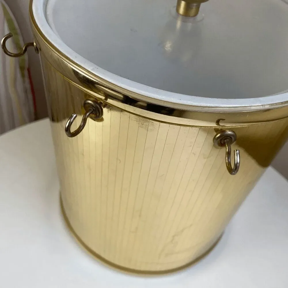 Vintage 1970s Metallic Gold Ice Bucket Clear Lucite Handle with Bar Utensils Bar